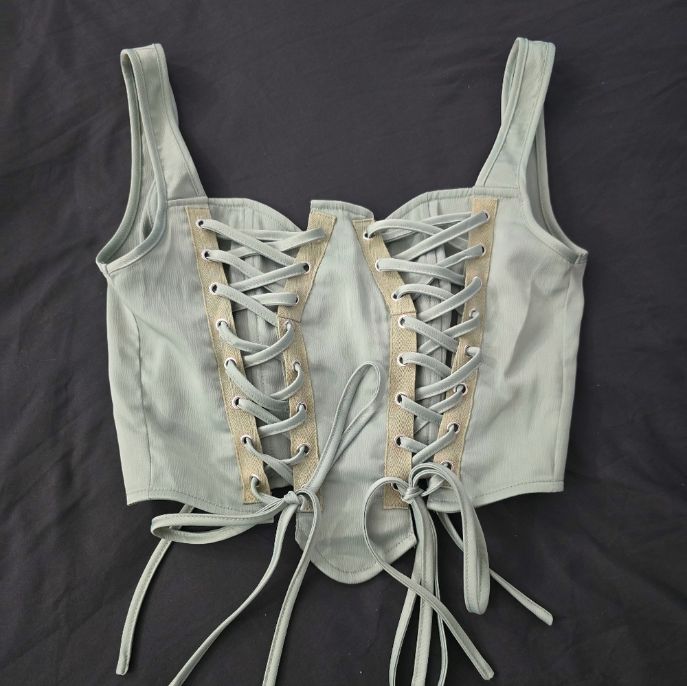 Solid Satin Lace Up Corset Crop Cami Top - Green - Picture 2 of 5